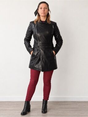 Yesimel Genuine Leather Black Long Moto Biker Jacket Coat XL 50